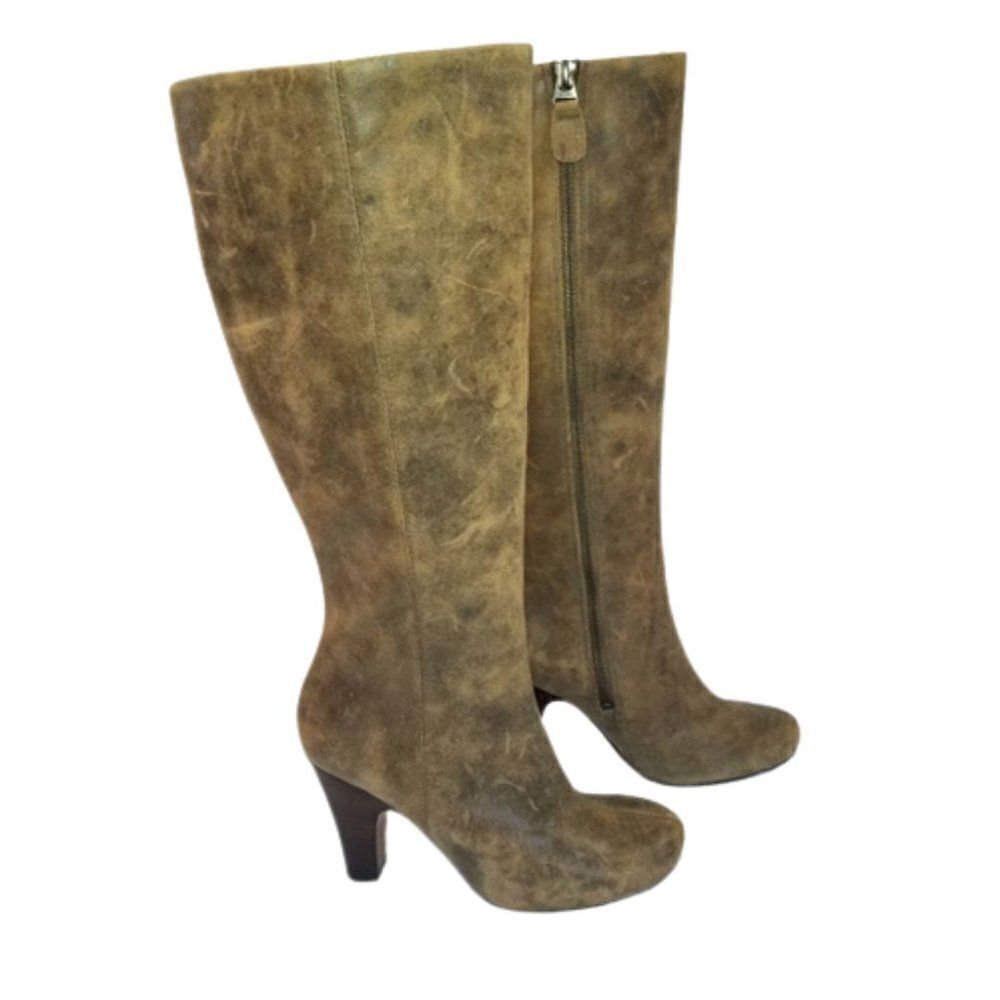 Fossil Distressed Genuine Leather Knee High Zip Up Stack Heel Round Toe Boots 6